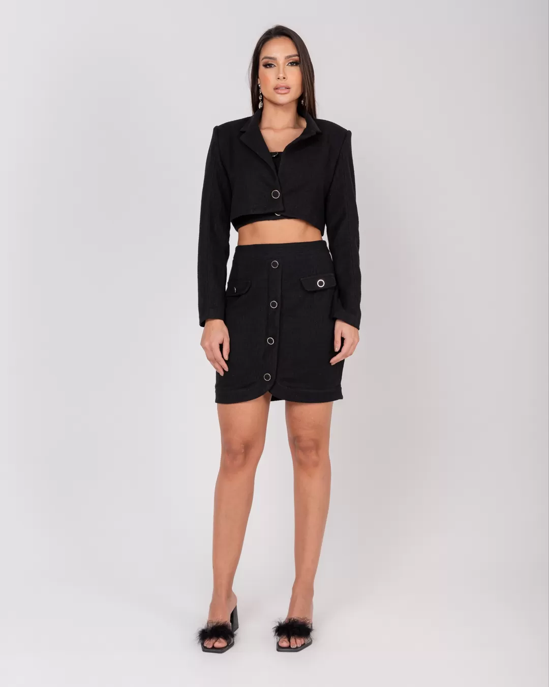 Miss Misses - Miss Misses Cropped Button Tweed Jacket Black - 54057PRETO Miss Misses - Miss Misses Cropped Button Tweed Jacket Black - 54057PRETO
