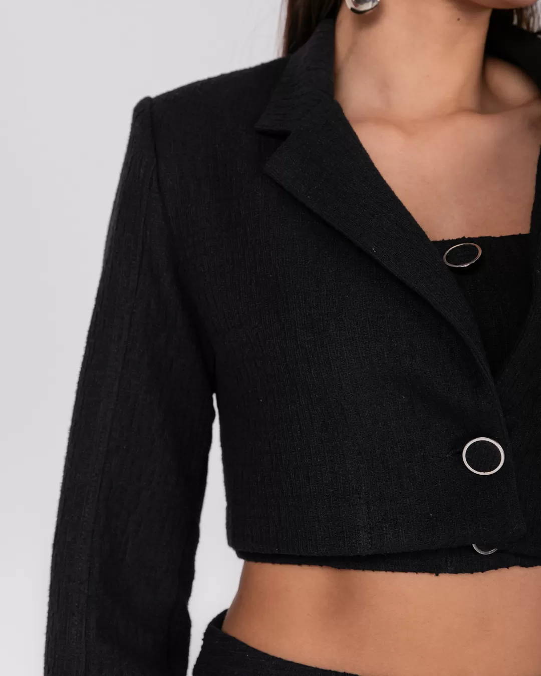 Miss Misses - Miss Misses Cropped Button Tweed Jacket Black - 54057PRETO Miss Misses - Miss Misses Cropped Button Tweed Jacket Black - 54057PRETO