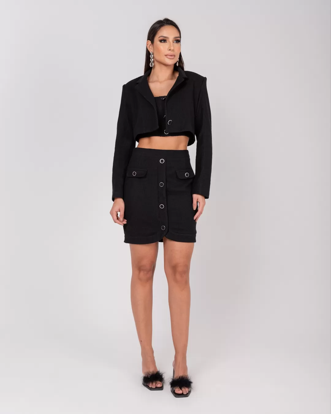 Miss Misses - Miss Misses Cropped Button Tweed Jacket Black - 54057PRETO Miss Misses - Miss Misses Cropped Button Tweed Jacket Black - 54057PRETO
