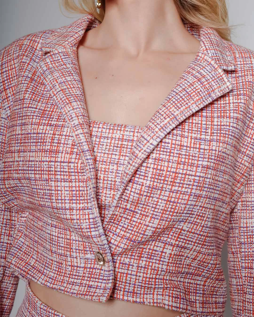 Miss Misses - Jacket Miss Misses Cropped Orange Tweed Button - 19119VERMELHO Miss Misses - Jacket Miss Misses Cropped Orange Tweed Button - 19119VERMELHO