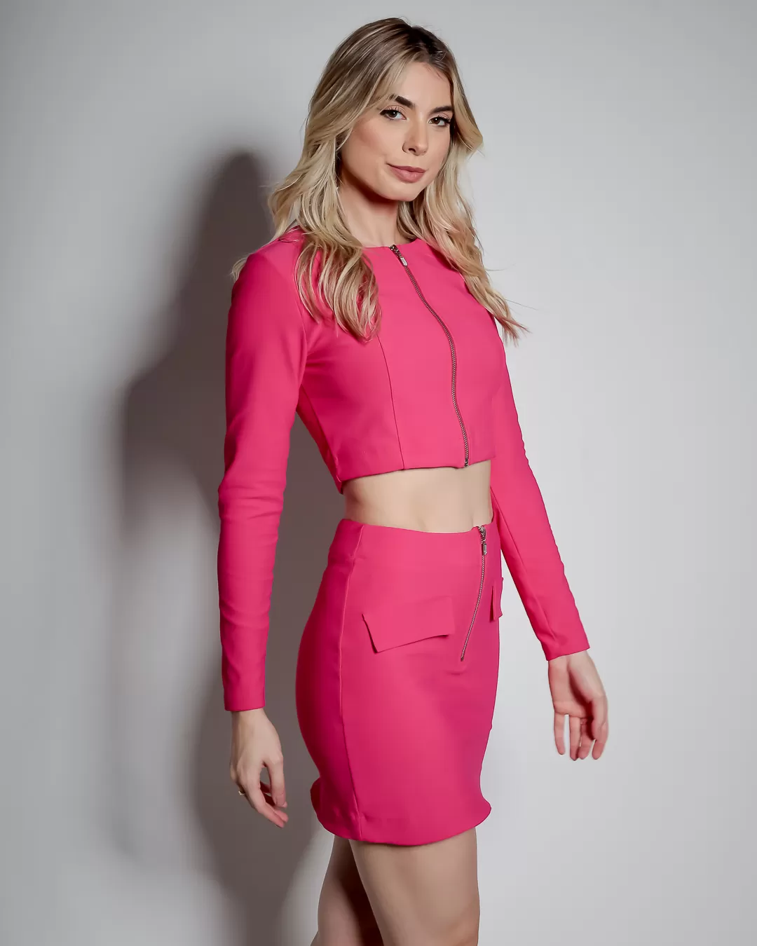 Miss Misses - Miss Misses Cropped Jacket With Pink Zipper - 19091OROSA Miss Misses - Miss Misses Cropped Jacket With Pink Zipper - 19091OROSA