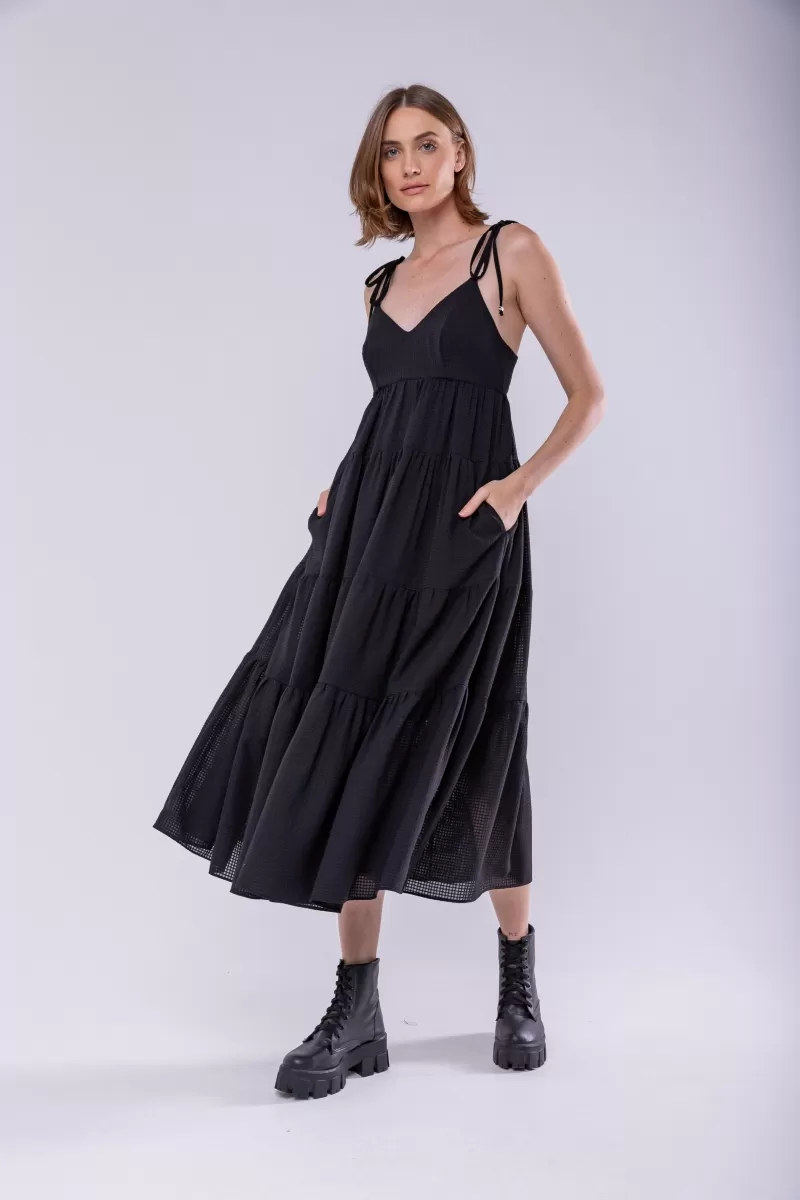Hidrogênio - BLACK MIDI DRESS WITH TIE STRAPS - 19894001 Hidrogênio - BLACK MIDI DRESS WITH TIE STRAPS - 19894001