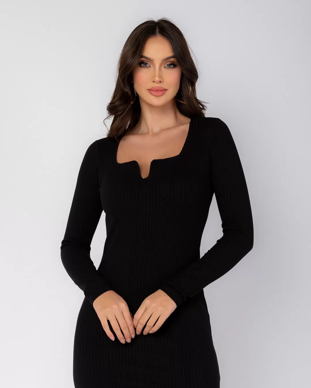 Miss Misses - Miss Misses Midi Dress With Slit Black - D0007PRETO Miss Misses - Miss Misses Midi Dress With Slit Black - D0007PRETO