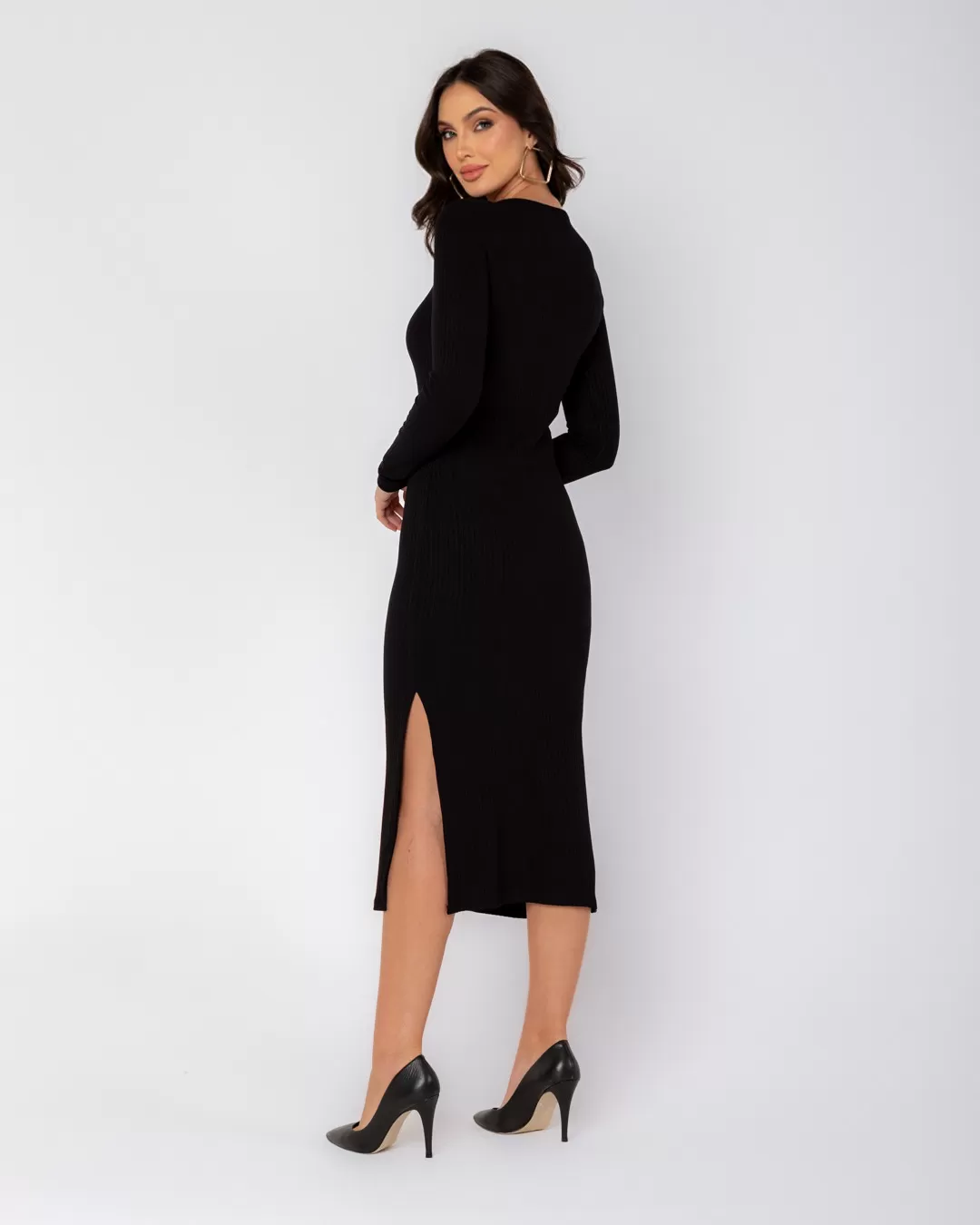 Miss Misses - Miss Misses Midi Dress With Slit Black - D0007PRETO Miss Misses - Miss Misses Midi Dress With Slit Black - D0007PRETO