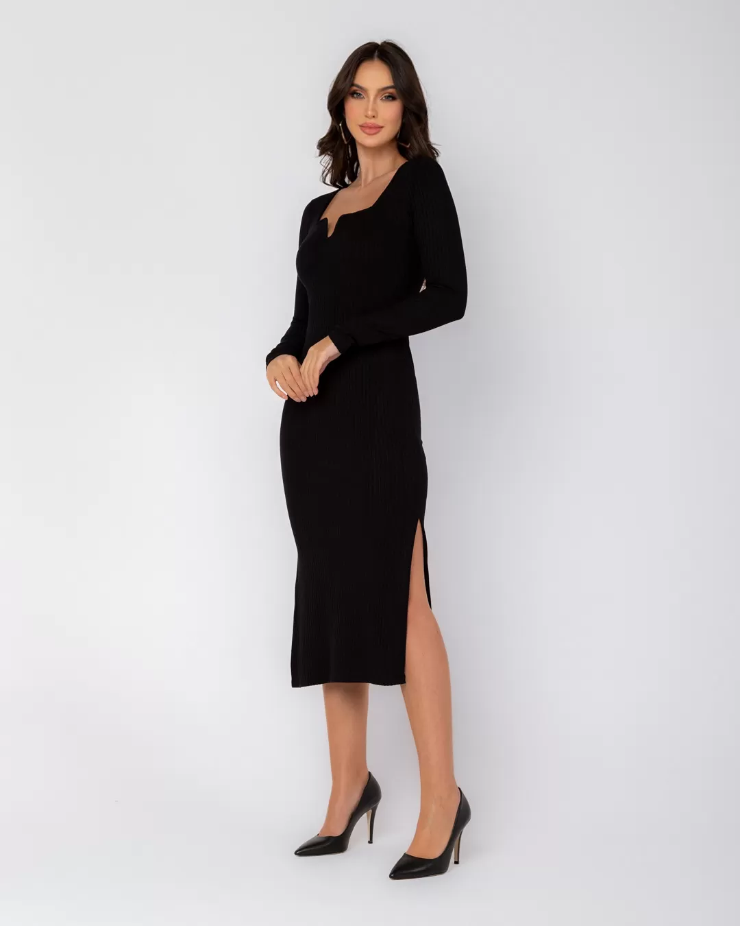 Miss Misses - Miss Misses Midi Dress With Slit Black - D0007PRETO Miss Misses - Miss Misses Midi Dress With Slit Black - D0007PRETO
