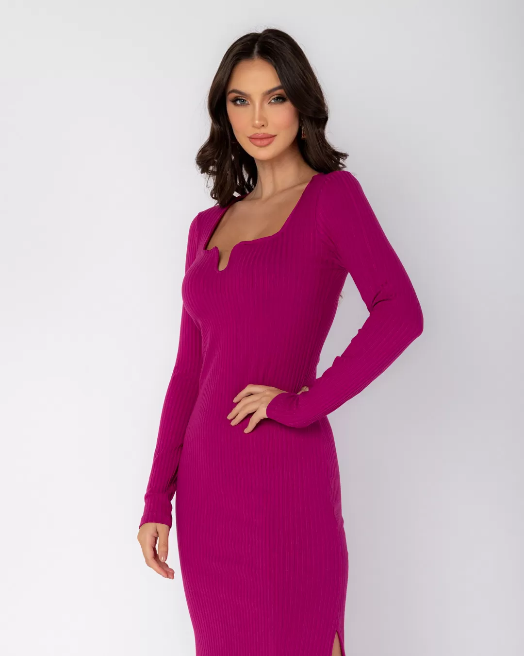 Miss Misses - Miss Misses Midi Dress With Slit Purple - D0007ROXO Miss Misses - Miss Misses Midi Dress With Slit Purple - D0007ROXO