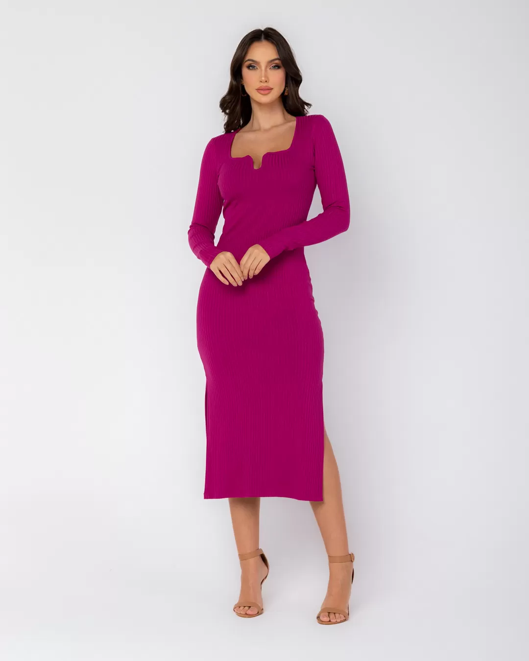 Miss Misses - Miss Misses Midi Dress With Slit Purple - D0007ROXO Miss Misses - Miss Misses Midi Dress With Slit Purple - D0007ROXO
