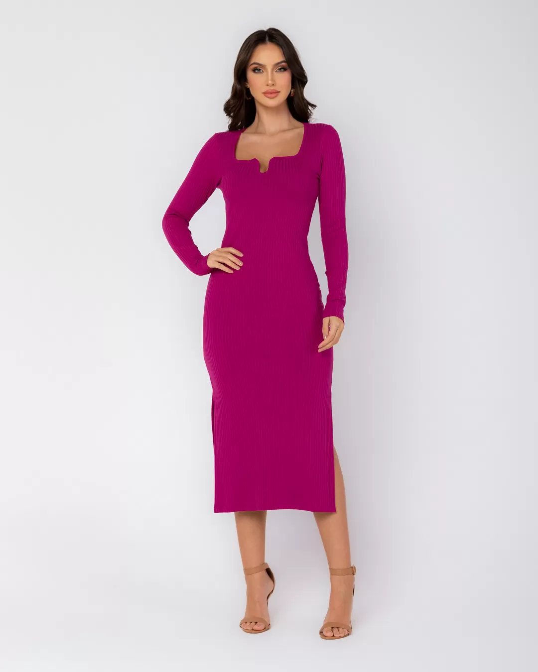 Miss Misses - Miss Misses Midi Dress With Slit Purple - D0007ROXO Miss Misses - Miss Misses Midi Dress With Slit Purple - D0007ROXO