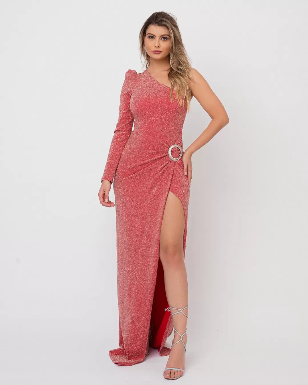 Miss Misses - Dress Miss Misses Long One Shoulder Red Lurex - 50344VERMELHO Miss Misses - Dress Miss Misses Long One Shoulder Red Lurex - 50344VERMELHO