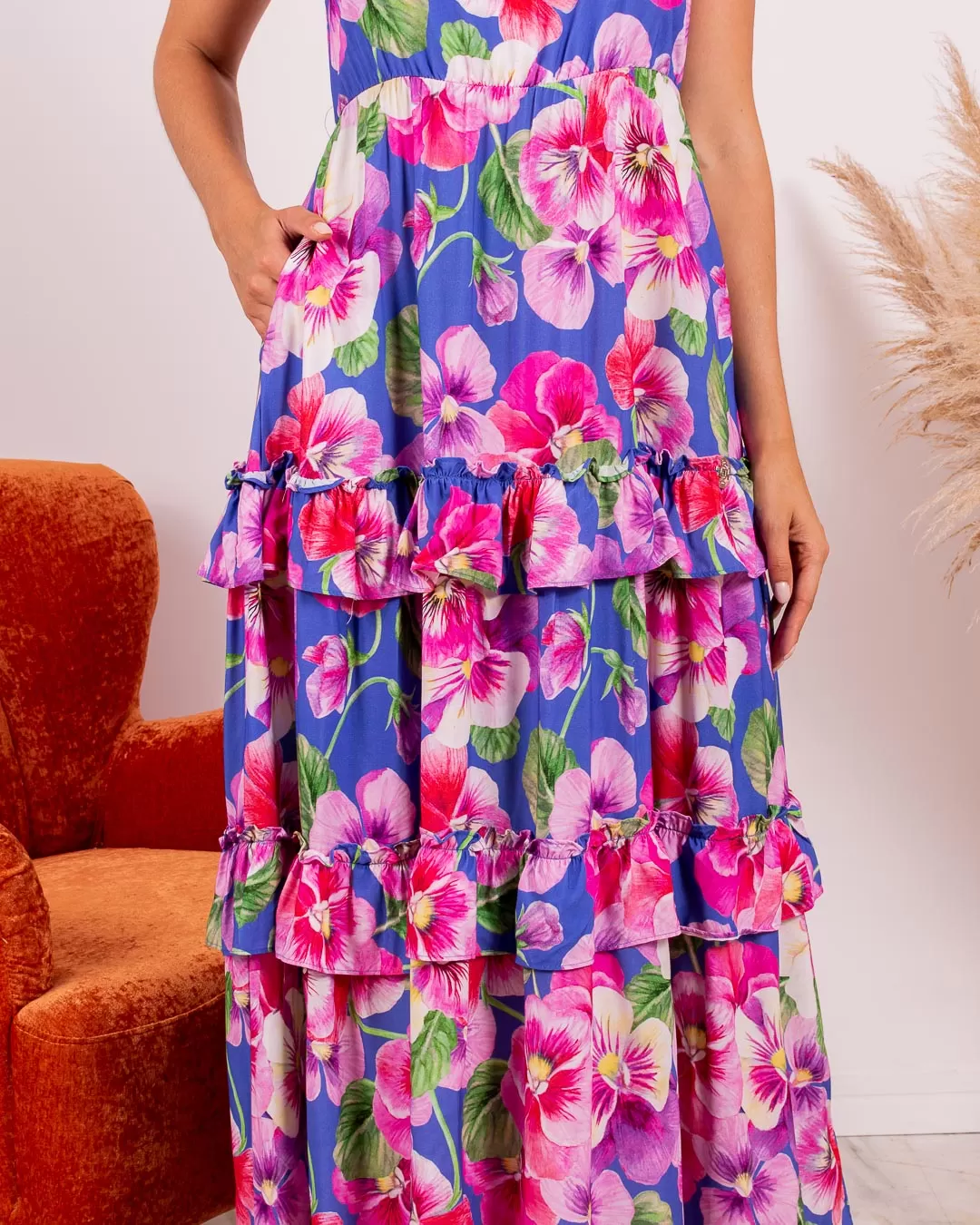 Miss Misses - Miss Misses Long Print Dress With Blue Frill - 18703AZUL