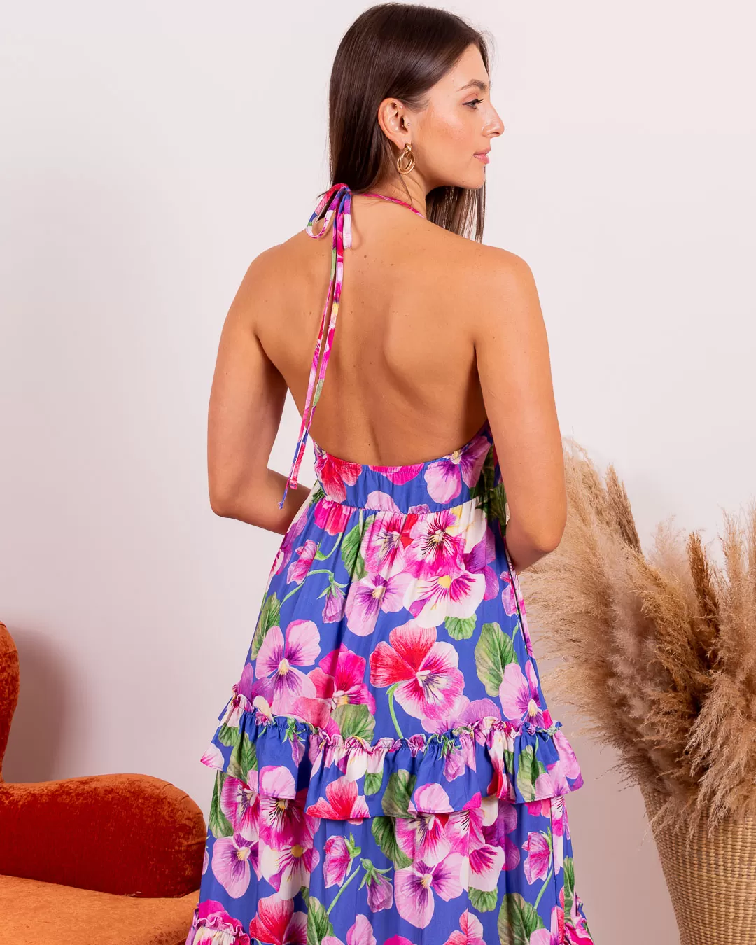 Miss Misses - Miss Misses Long Print Dress With Blue Frill - 18703AZUL