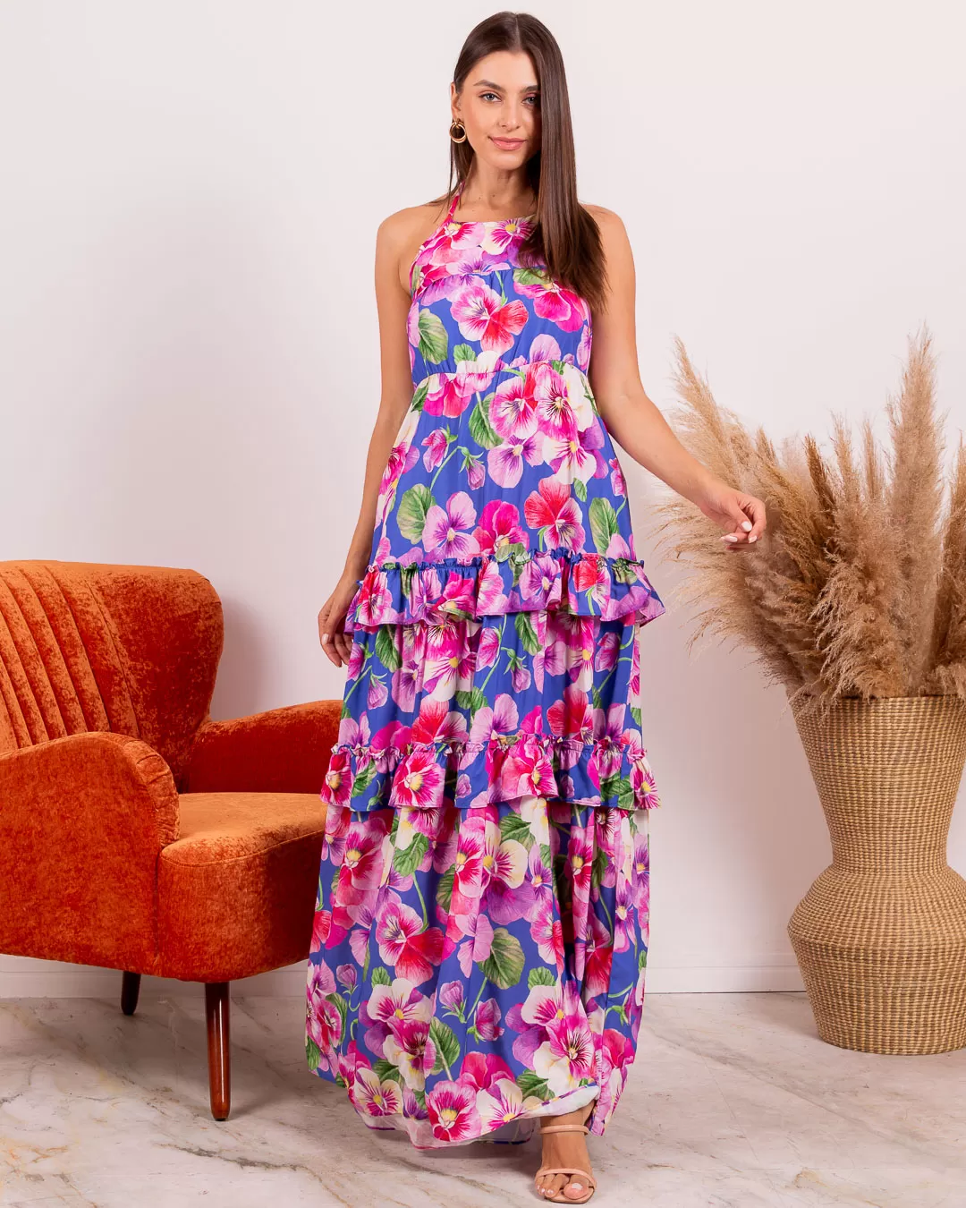 Miss Misses - Miss Misses Long Print Dress With Blue Frill - 18703AZUL