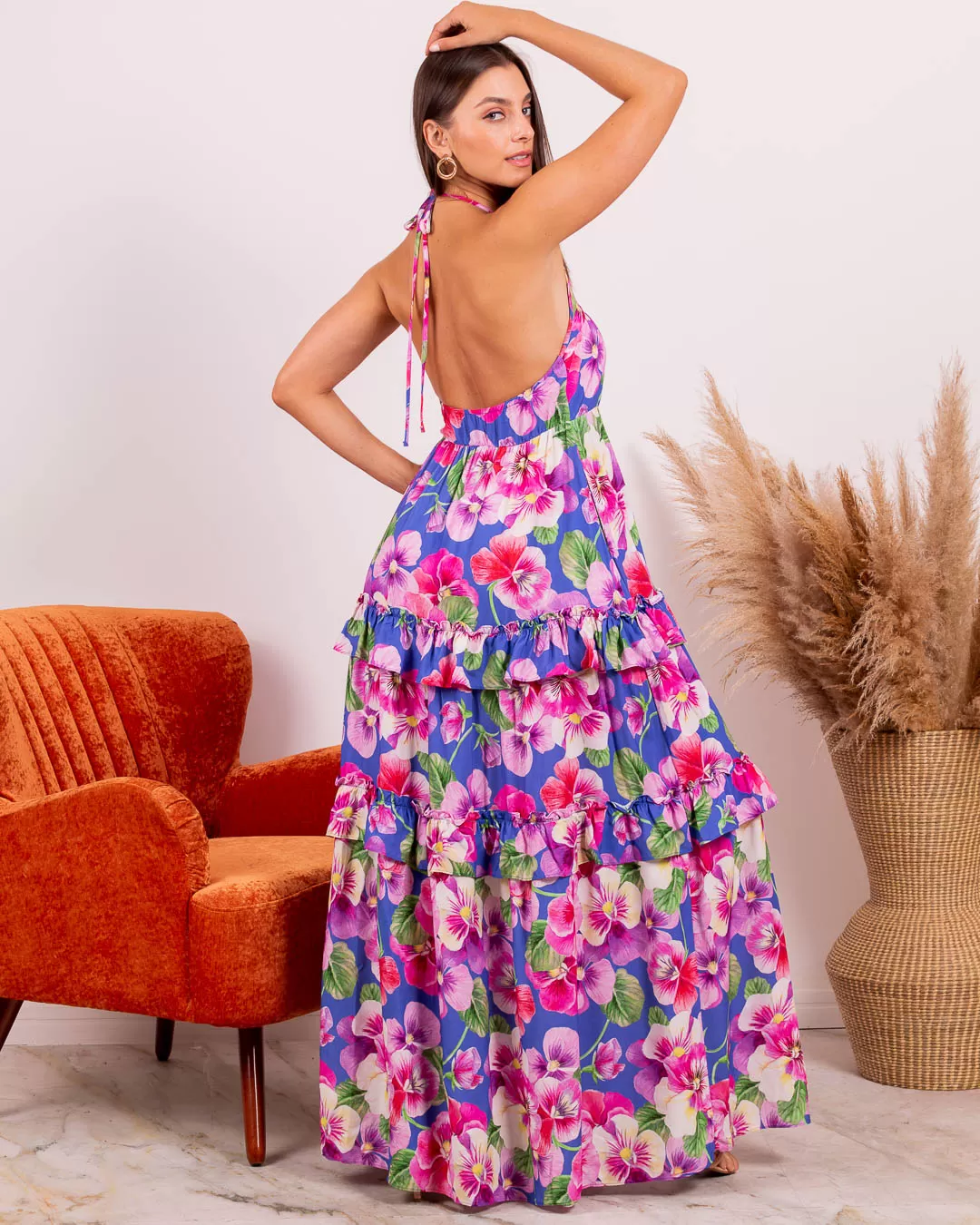Miss Misses - Miss Misses Long Print Dress With Blue Frill - 18703AZUL