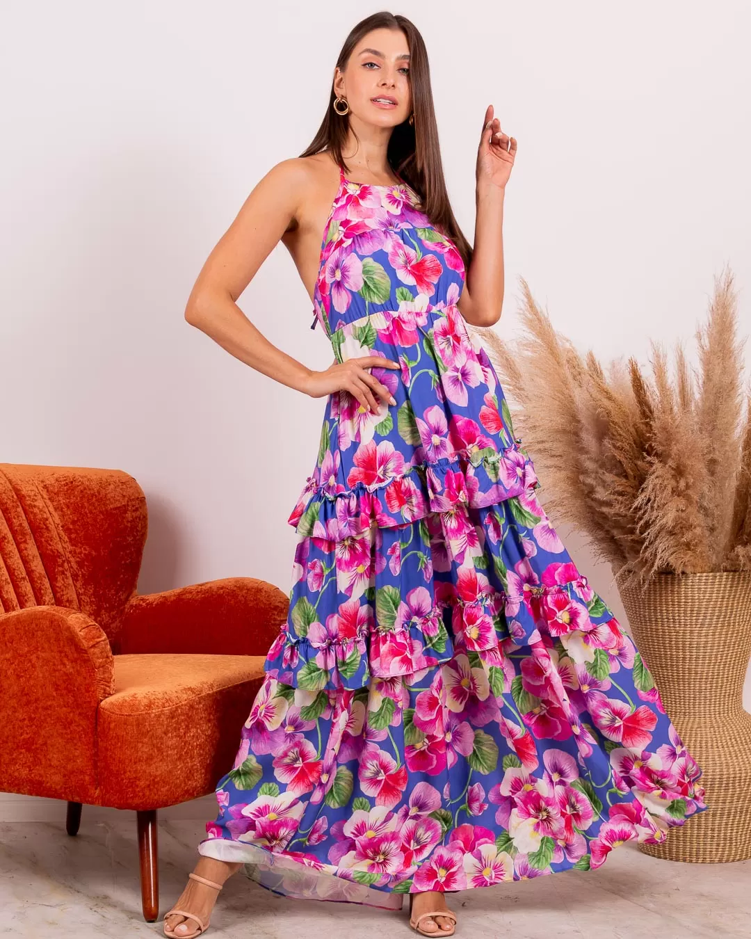 Miss Misses - Miss Misses Long Print Dress With Blue Frill - 18703AZUL