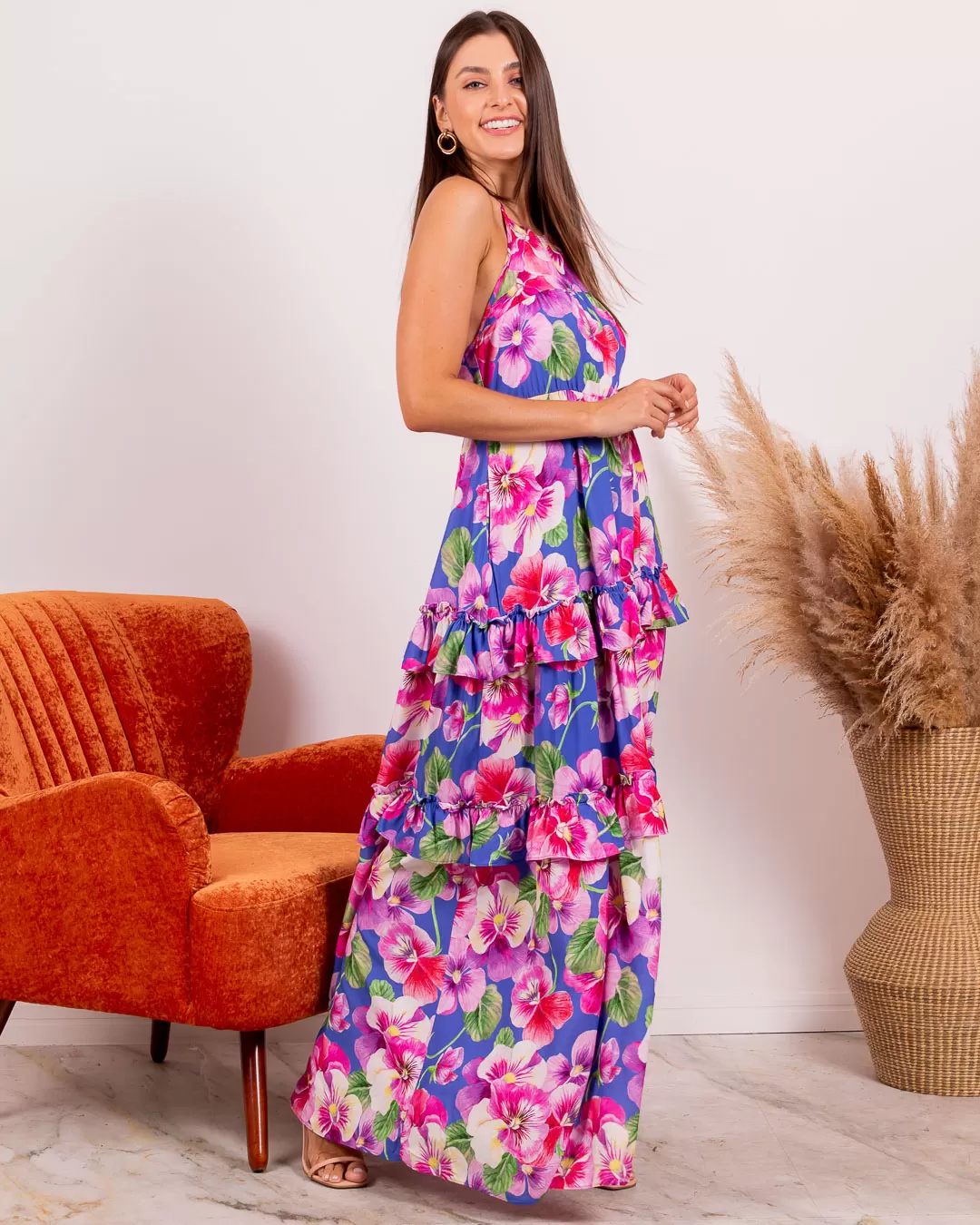 Miss Misses - Miss Misses Long Print Dress With Blue Frill - 18703AZUL