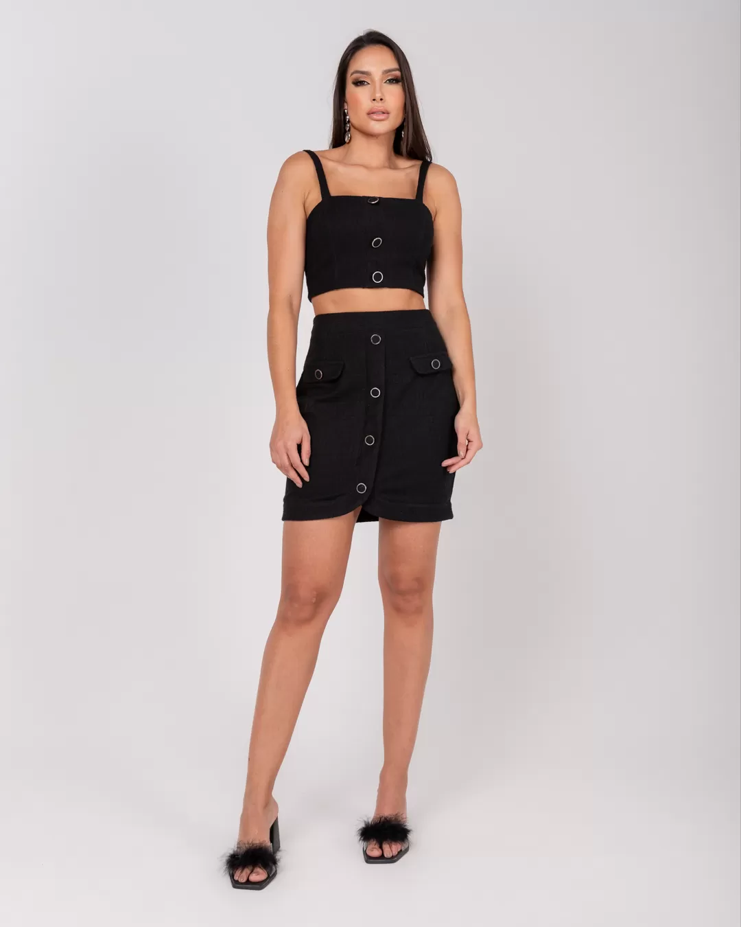 Miss Misses - Miss Misses Tweed Skirt With Black Button Detail - 54058PRETO Miss Misses - Miss Misses Tweed Skirt With Black Button Detail - 54058PRETO