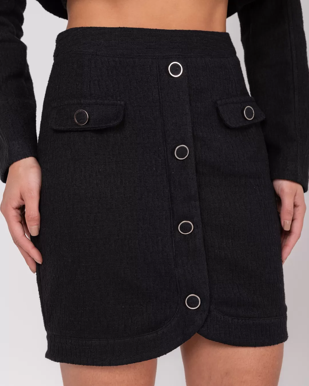 Miss Misses - Miss Misses Tweed Skirt With Black Button Detail - 54058PRETO Miss Misses - Miss Misses Tweed Skirt With Black Button Detail - 54058PRETO