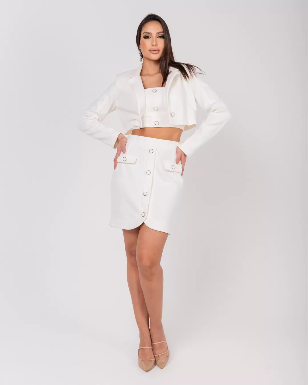 Miss Misses - Miss Misses Tweed Skirt With Button Detail Off White - 54058OFF Miss Misses - Miss Misses Tweed Skirt With Button Detail Off White - 54058OFF
