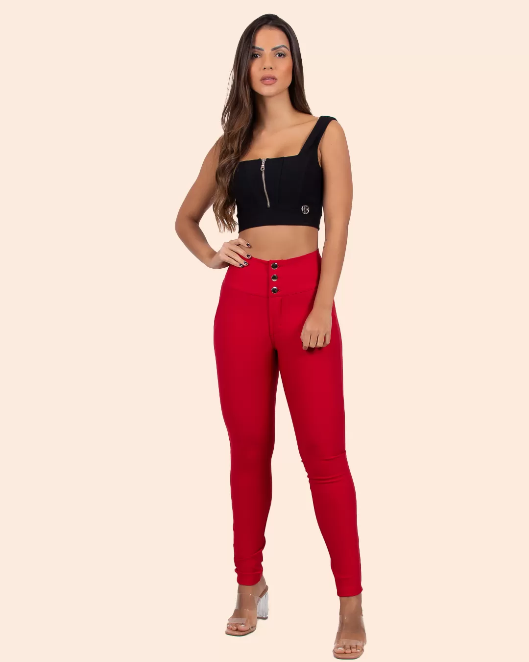 Miss Misses - Miss Misses Pants With Wide Waistband and Buttons Red - 18560VERMELHO Miss Misses - Miss Misses Pants With Wide Waistband and Buttons Red - 18560VERMELHO