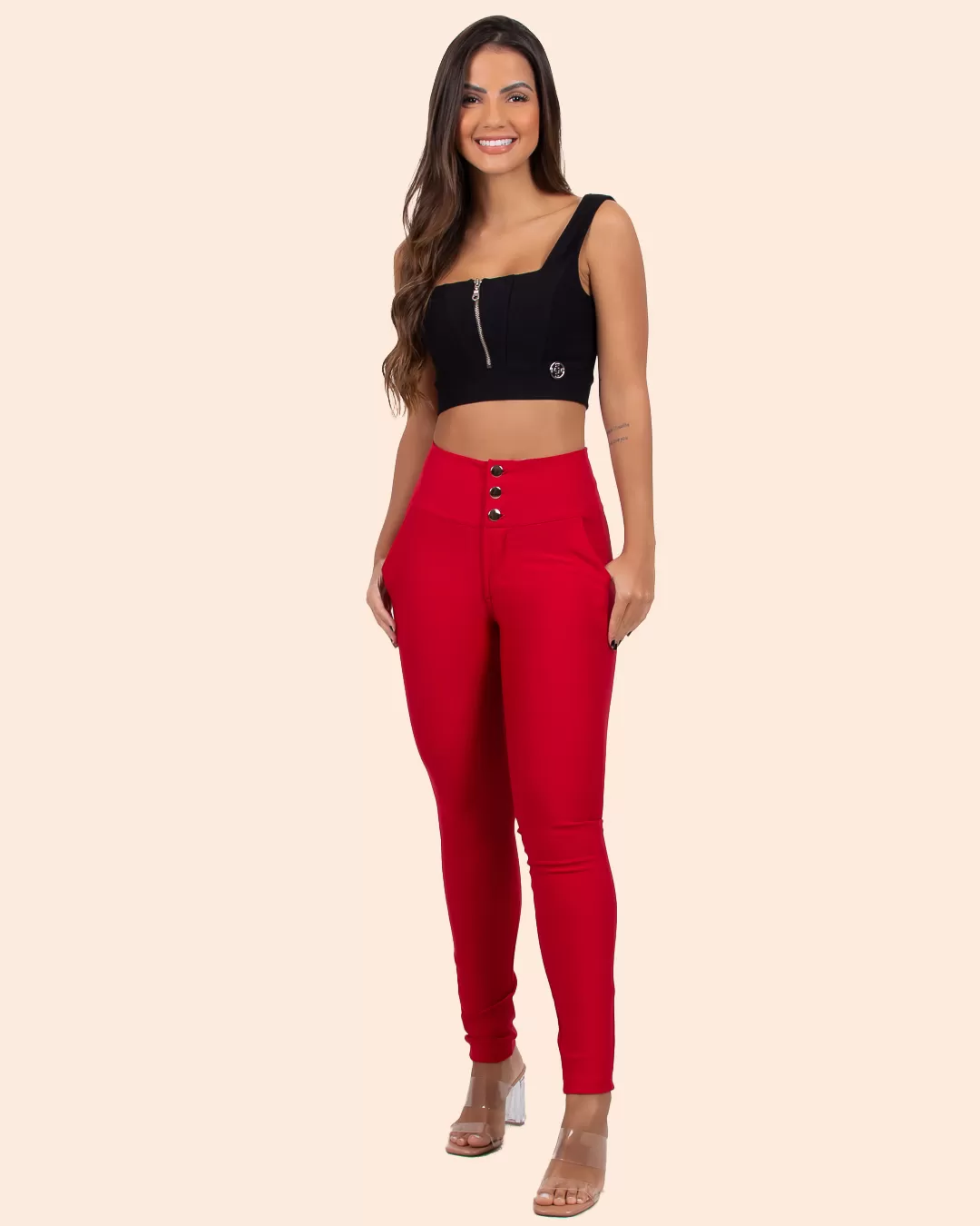 Miss Misses - Miss Misses Pants With Wide Waistband and Buttons Red - 18560VERMELHO Miss Misses - Miss Misses Pants With Wide Waistband and Buttons Red - 18560VERMELHO