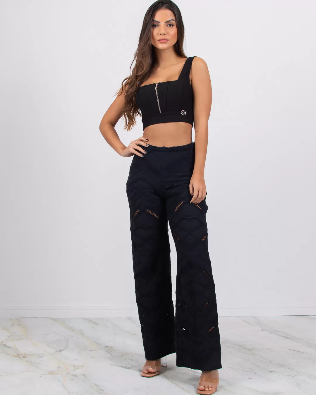 Miss Misses - Pants Miss Misses Hollow Mesh Pantaloon with Black Zipper - 115910PRETO Miss Misses - Pants Miss Misses Hollow Mesh Pantaloon with Black Zipper - 115910PRETO