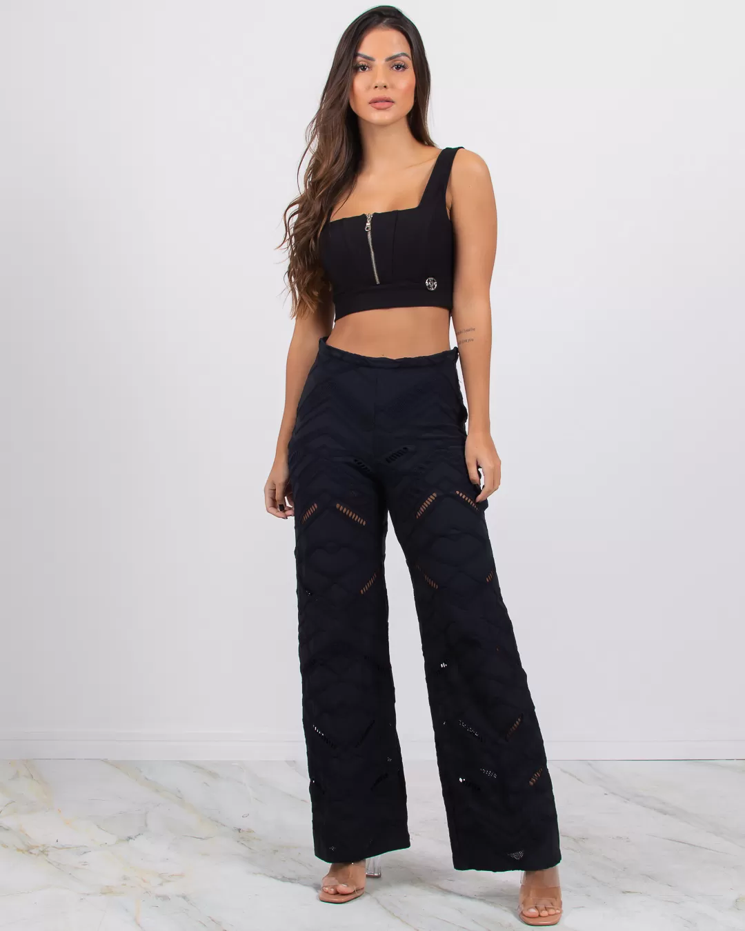 Miss Misses - Pants Miss Misses Hollow Mesh Pantaloon with Black Zipper - 115910PRETO Miss Misses - Pants Miss Misses Hollow Mesh Pantaloon with Black Zipper - 115910PRETO