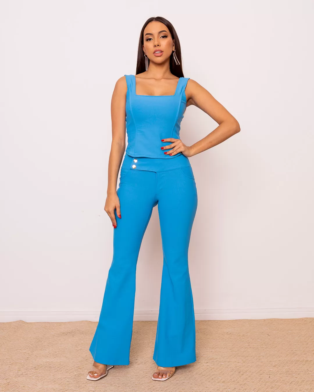 Miss Misses - Miss Misses Lipo Flare Pants With Wide Waistband Blue - 18782AZCL Miss Misses - Miss Misses Lipo Flare Pants With Wide Waistband Blue - 18782AZCL