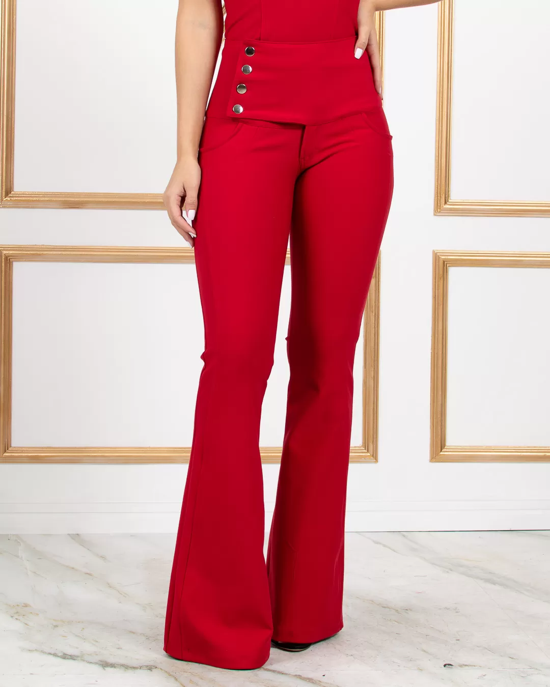 Miss Misses - Miss Misses Lipo Flare Pants With Wide Waistband Red - 18527VERMELHO Miss Misses - Miss Misses Lipo Flare Pants With Wide Waistband Red - 18527VERMELHO