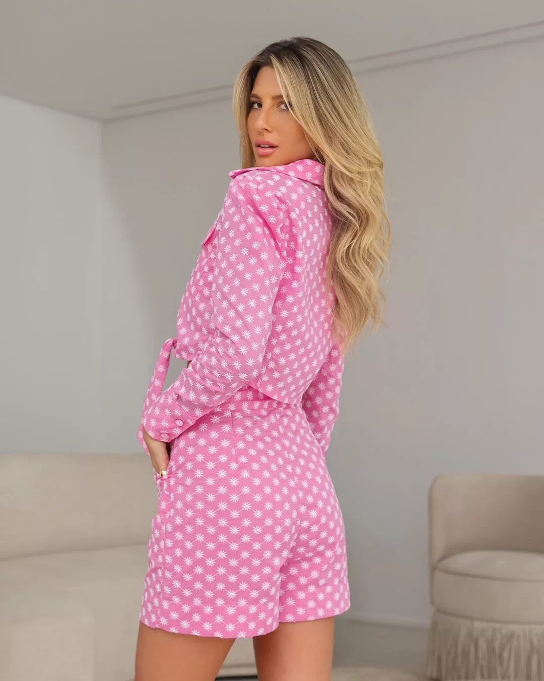 Miss Misses - Miss Misses Cropped Laise Shirt With Pink Pocket - 54075ROSA Miss Misses - Miss Misses Cropped Laise Shirt With Pink Pocket - 54075ROSA