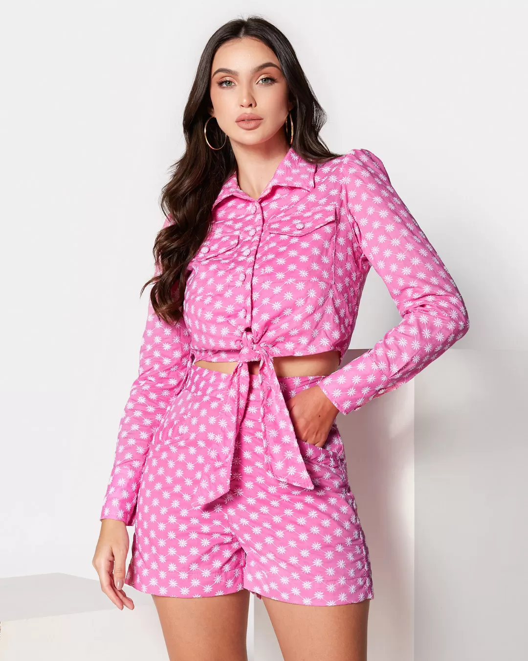 Miss Misses - Miss Misses Cropped Laise Shirt With Pink Pocket - 54075ROSA Miss Misses - Miss Misses Cropped Laise Shirt With Pink Pocket - 54075ROSA