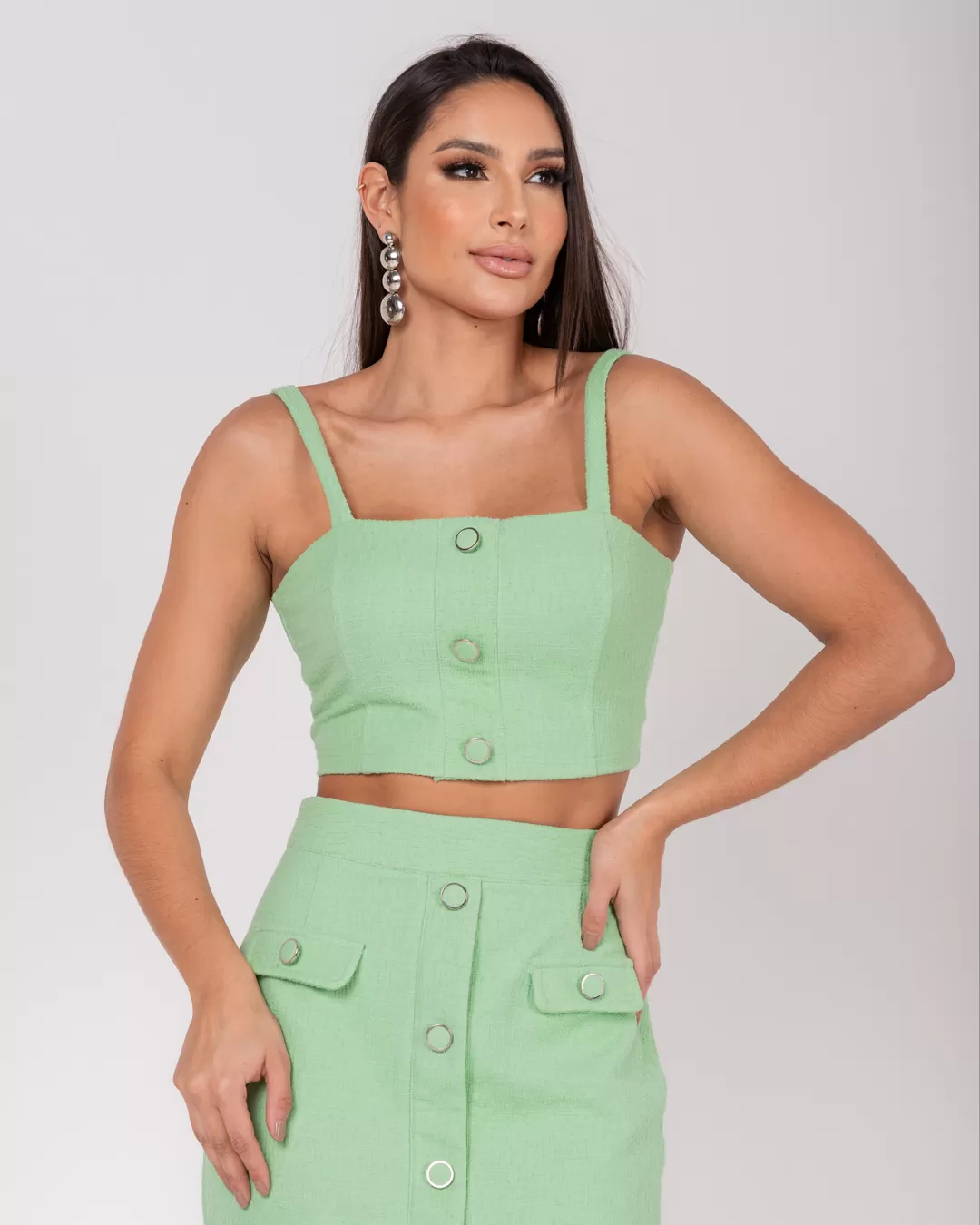 Miss Misses - Cropped Miss Misses Top Tweed Green Button - 54059VERDE Miss Misses - Cropped Miss Misses Top Tweed Green Button - 54059VERDE