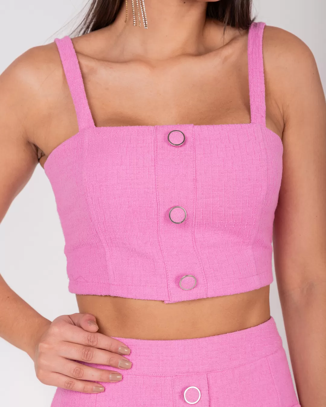 Miss Misses - Cropped Miss Misses Top Tweed Pink Button - 54059ROSA Miss Misses - Cropped Miss Misses Top Tweed Pink Button - 54059ROSA