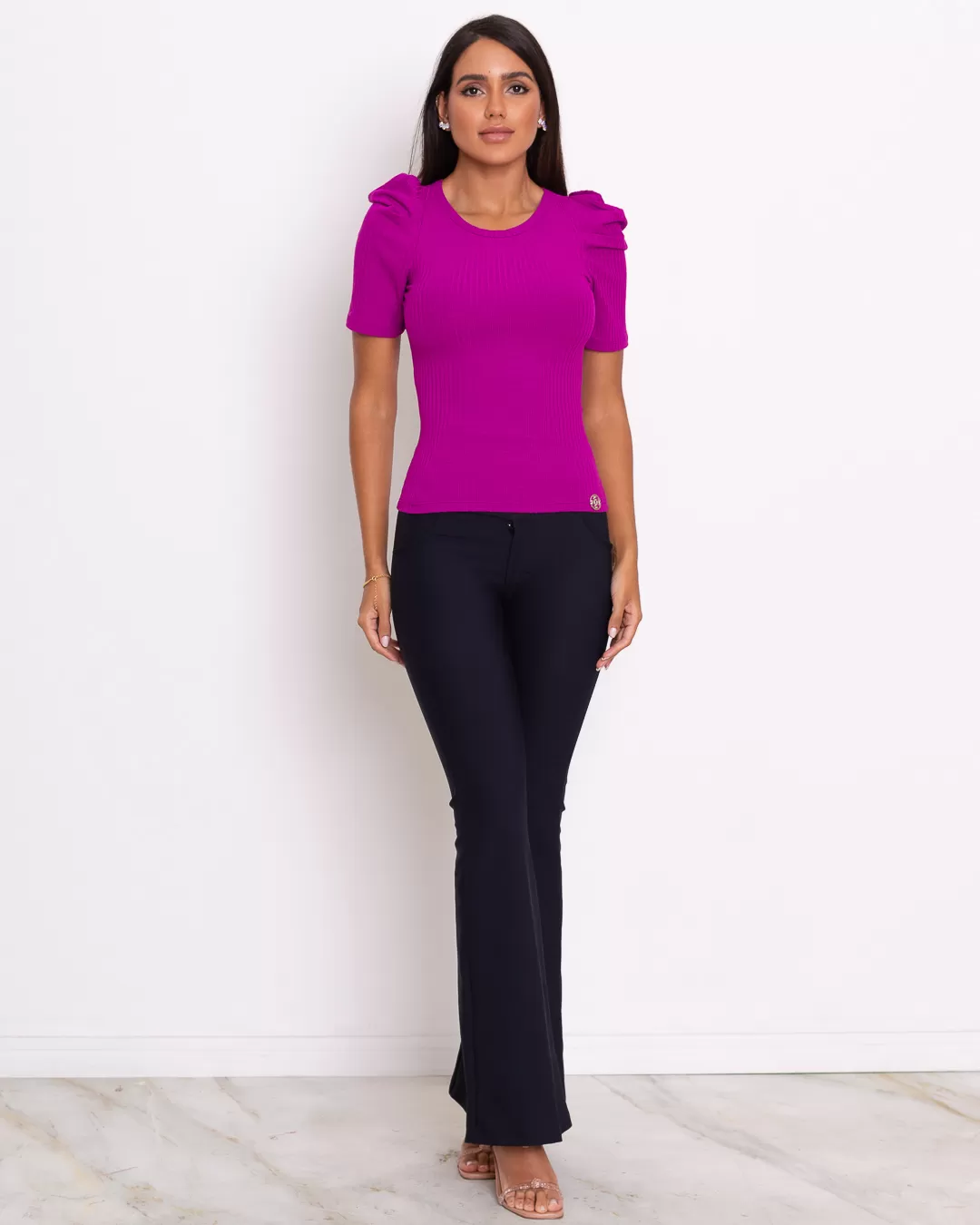 Miss Misses - Miss Misses Ribbed Princess Fuchsia Sleeve Shirt - 80496ROXO Miss Misses - Miss Misses Ribbed Princess Fuchsia Sleeve Shirt - 80496ROXO