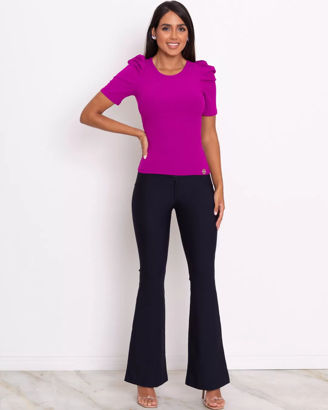 Miss Misses - Miss Misses Ribbed Princess Fuchsia Sleeve Shirt - 80496ROXO Miss Misses - Miss Misses Ribbed Princess Fuchsia Sleeve Shirt - 80496ROXO