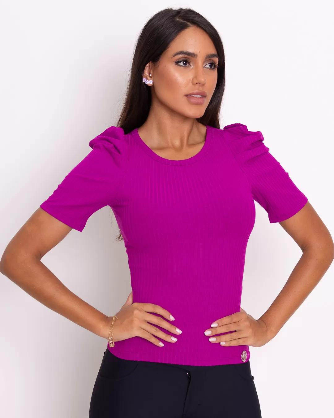 Miss Misses - Miss Misses Ribbed Princess Fuchsia Sleeve Shirt - 80496ROXO Miss Misses - Miss Misses Ribbed Princess Fuchsia Sleeve Shirt - 80496ROXO
