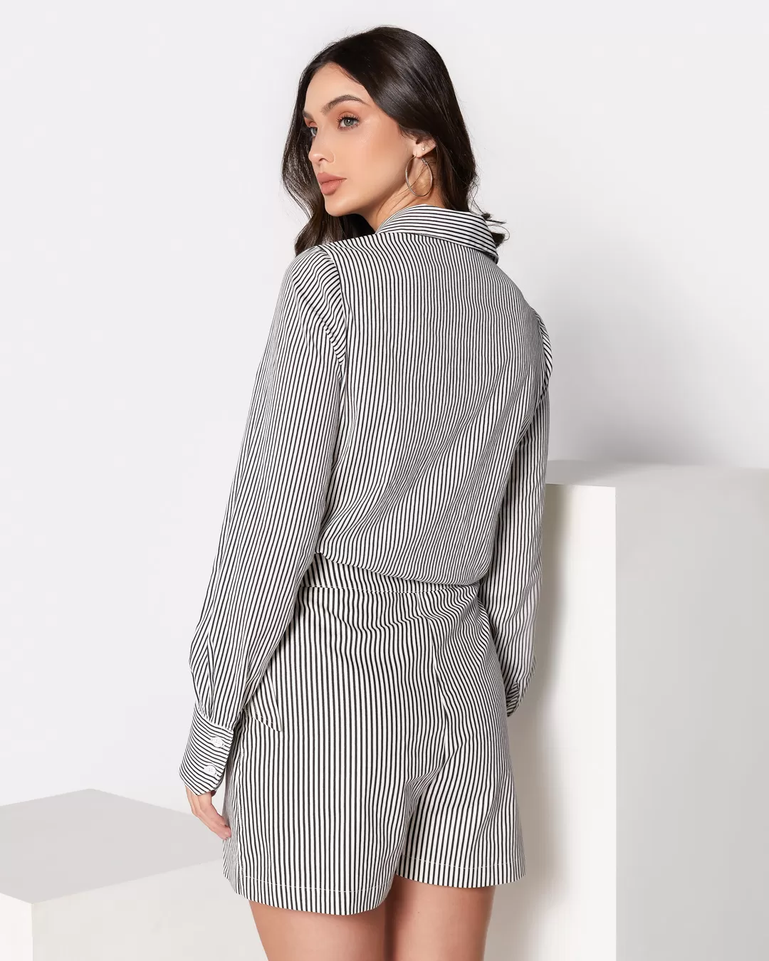 Miss Misses - Miss Misses Striped Cropped Shirt With Pocket Black - 54090PRETO Miss Misses - Miss Misses Striped Cropped Shirt With Pocket Black - 54090PRETO
