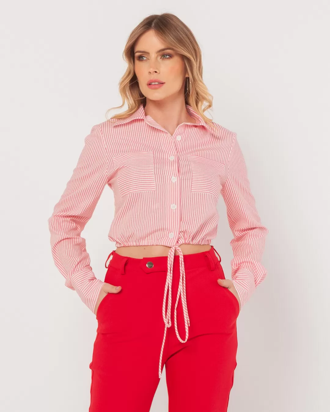 Miss Misses - Miss Misses Striped Cropped Shirt With Pink Pocket - 54090ROSA Miss Misses - Miss Misses Striped Cropped Shirt With Pink Pocket - 54090ROSA