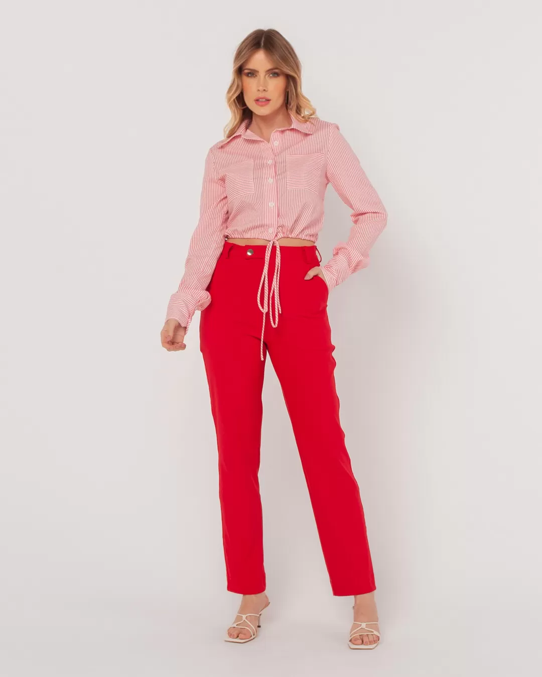 Miss Misses - Miss Misses Striped Cropped Shirt With Pink Pocket - 54090ROSA Miss Misses - Miss Misses Striped Cropped Shirt With Pink Pocket - 54090ROSA
