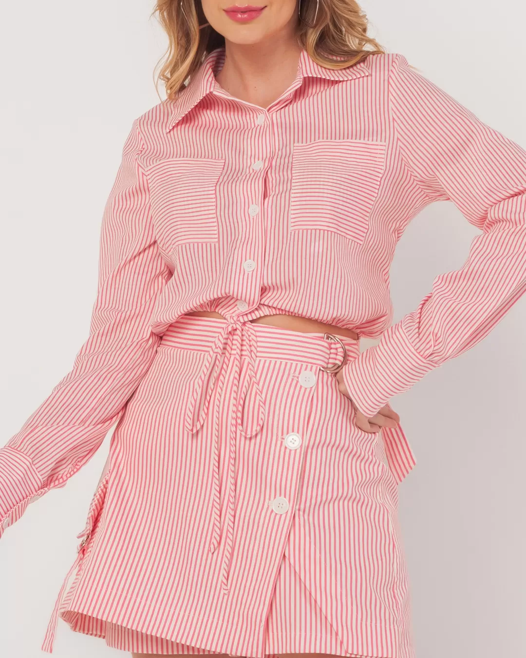 Miss Misses - Miss Misses Striped Cropped Shirt With Pink Pocket - 54090ROSA Miss Misses - Miss Misses Striped Cropped Shirt With Pink Pocket - 54090ROSA