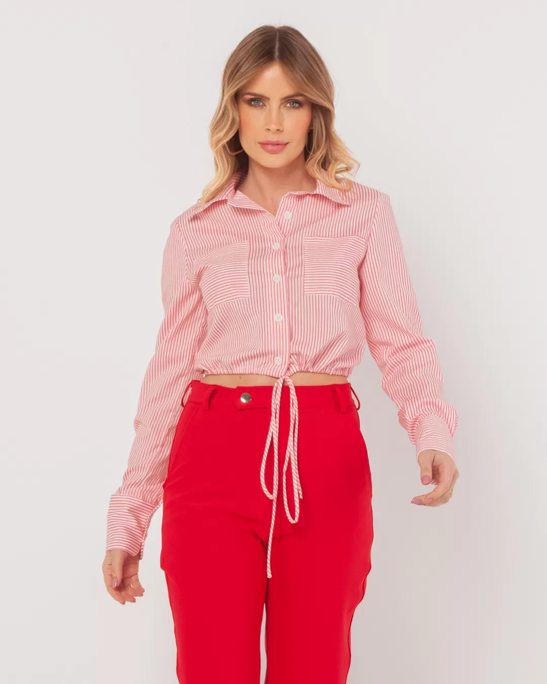 Miss Misses - Miss Misses Striped Cropped Shirt With Pink Pocket - 54090ROSA Miss Misses - Miss Misses Striped Cropped Shirt With Pink Pocket - 54090ROSA
