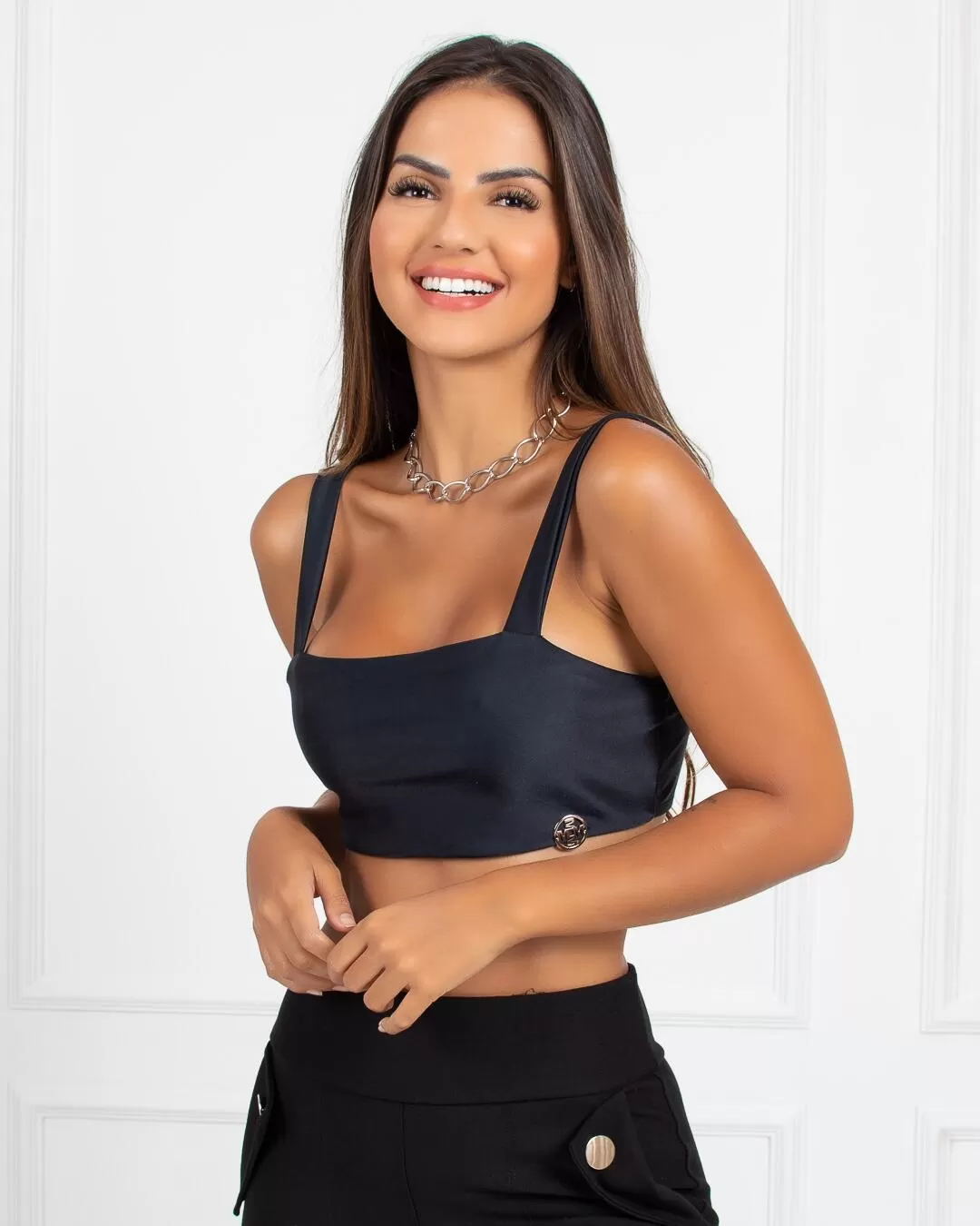 Miss Misses - Miss Misses Cropped Top with Straight Neckline Black - 18406PRETO Miss Misses - Miss Misses Cropped Top with Straight Neckline Black - 18406PRETO