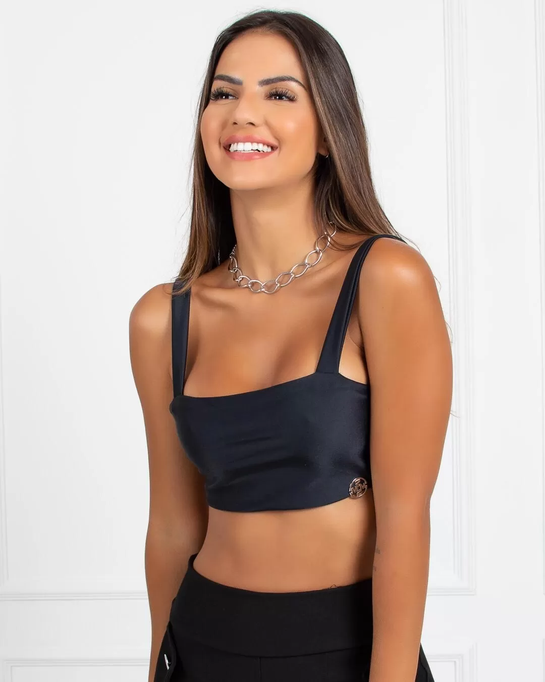 Miss Misses - Miss Misses Cropped Top with Straight Neckline Black - 18406PRETO Miss Misses - Miss Misses Cropped Top with Straight Neckline Black - 18406PRETO