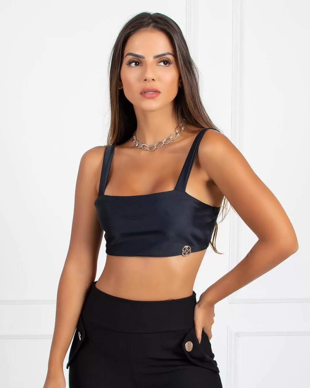 Miss Misses - Miss Misses Cropped Top with Straight Neckline Black - 18406PRETO