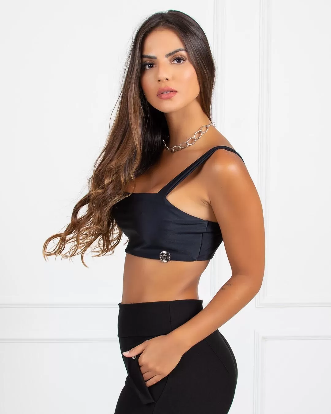 Miss Misses - Miss Misses Cropped Top with Straight Neckline Black - 18406PRETO Miss Misses - Miss Misses Cropped Top with Straight Neckline Black - 18406PRETO