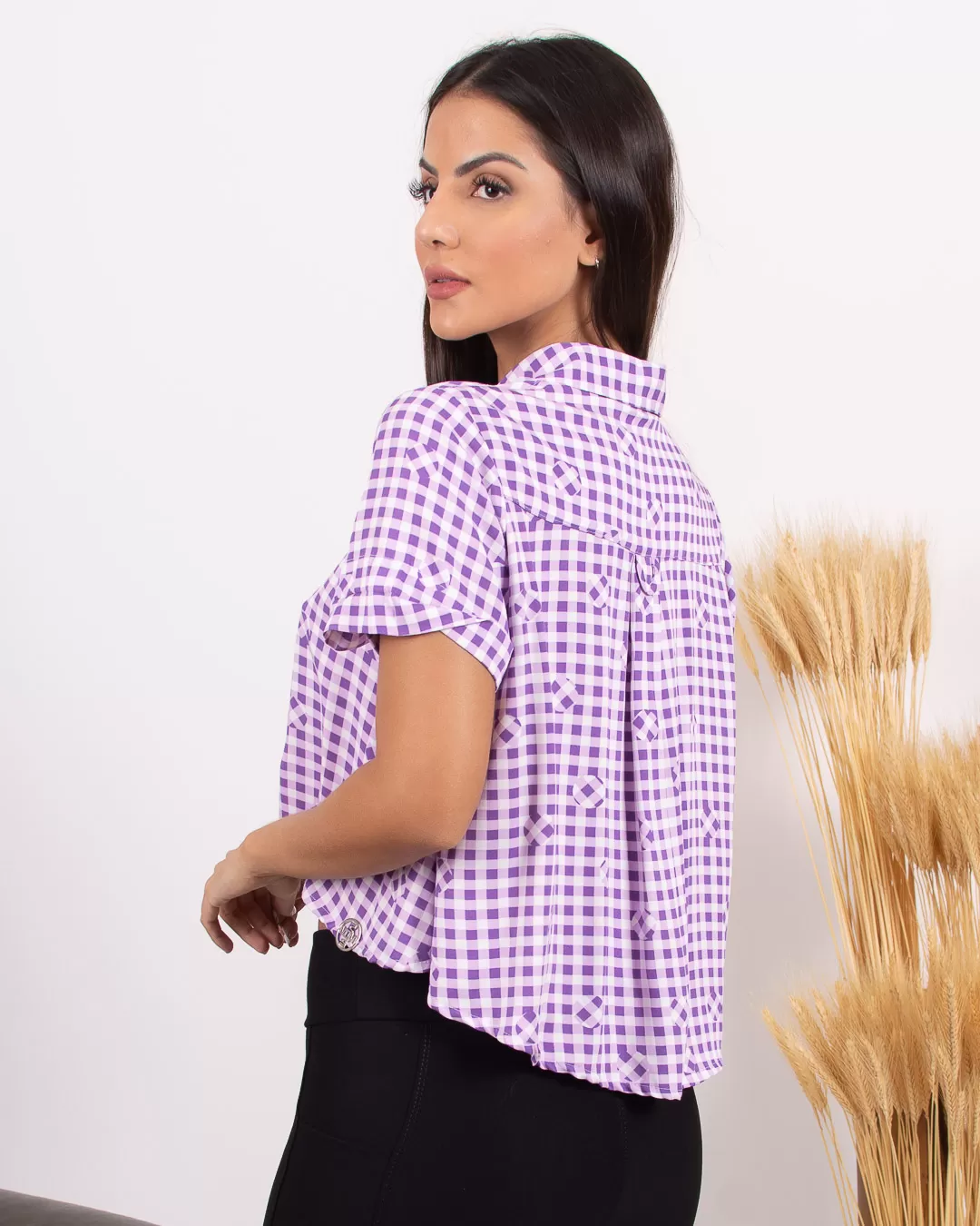 Miss Misses - Miss Misses Checkered Shirt with Lilac Buttons - 18571LILAS Miss Misses - Miss Misses Checkered Shirt with Lilac Buttons - 18571LILAS