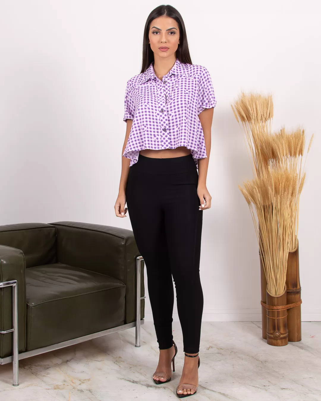 Miss Misses - Miss Misses Checkered Shirt with Lilac Buttons - 18571LILAS Miss Misses - Miss Misses Checkered Shirt with Lilac Buttons - 18571LILAS
