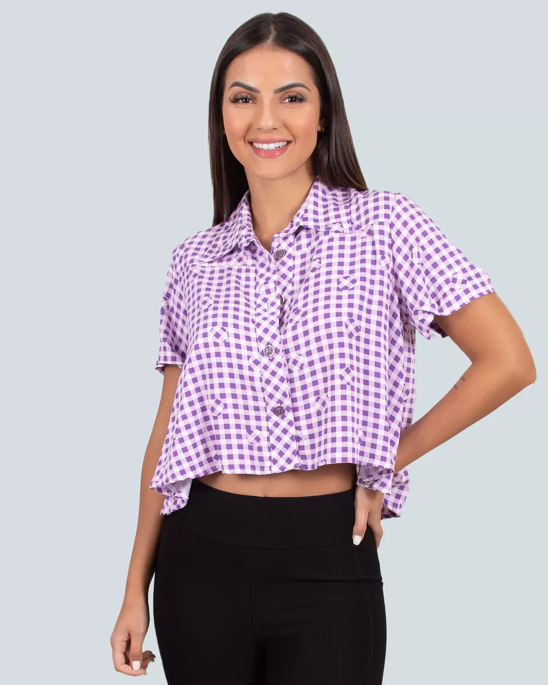 Miss Misses - Miss Misses Checkered Shirt with Lilac Buttons - 18571LILAS Miss Misses - Miss Misses Checkered Shirt with Lilac Buttons - 18571LILAS