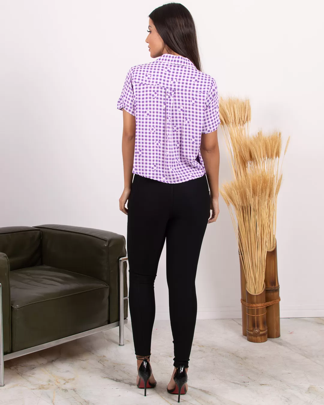 Miss Misses - Miss Misses Checkered Shirt with Lilac Buttons - 18571LILAS Miss Misses - Miss Misses Checkered Shirt with Lilac Buttons - 18571LILAS