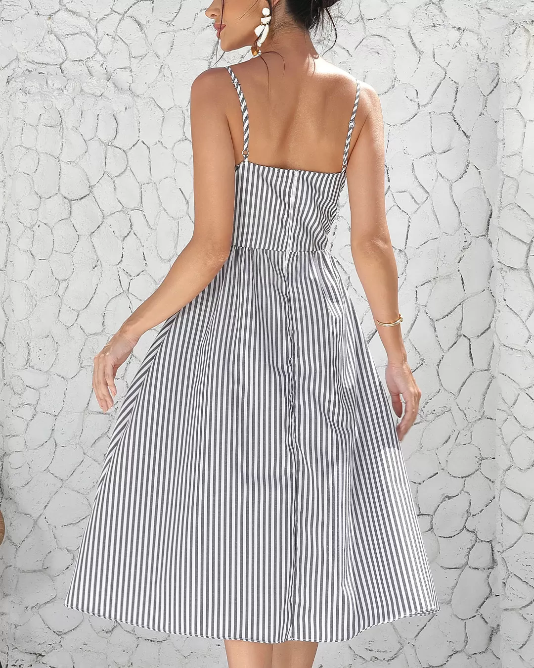 Miss Misses - Miss Misses Striped Midi Dress with Black Zipper - 80513PRETO Miss Misses - Miss Misses Striped Midi Dress with Black Zipper - 80513PRETO