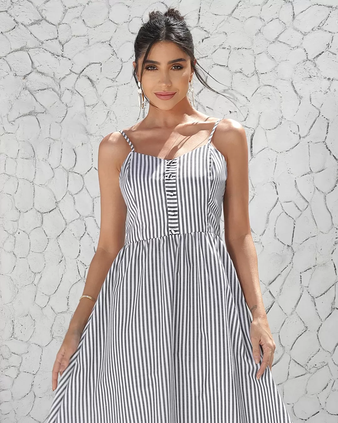 Miss Misses - Miss Misses Striped Midi Dress with Black Zipper - 80513PRETO Miss Misses - Miss Misses Striped Midi Dress with Black Zipper - 80513PRETO
